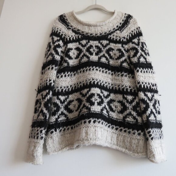 FREE PEOPLE Silver Reed Fair Isle Black White Crochet Wool Boho Sweater Sz XS - Picture 10 of 15